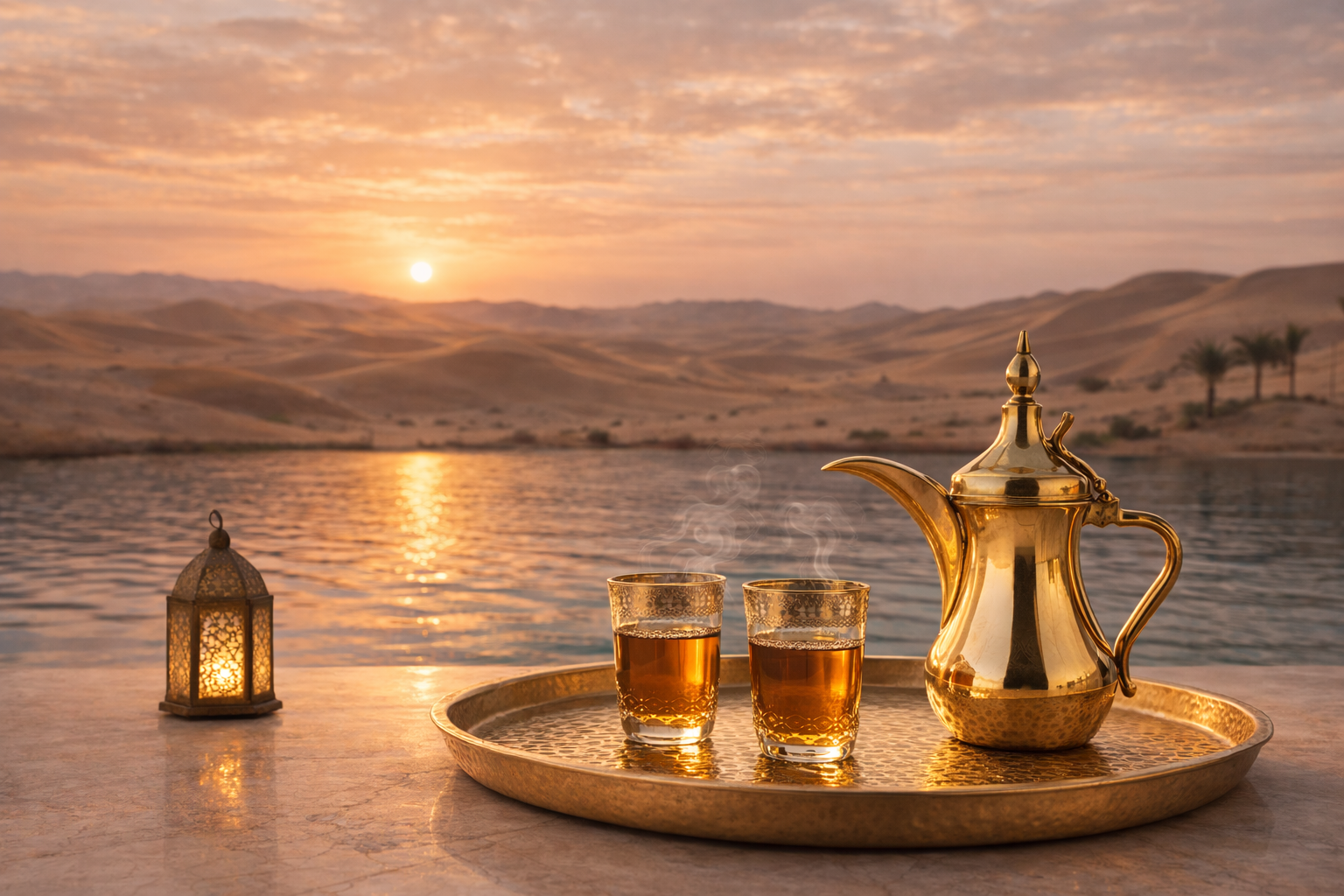 rituel du thé oriental théière dorée et verres de thé sur plateau doré face au désert au coucher du soleil inspiration Orient Hazellia

