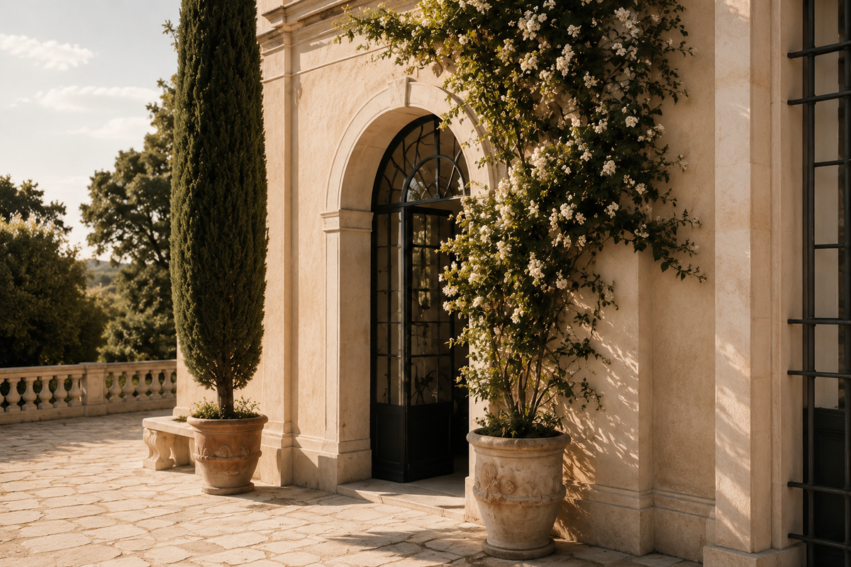 Entrée de villa italienne en pierre claire avec cyprès, fleurs blanches et architecture méditerranéenne élégante – Italie Dolce Vita Hazellia

