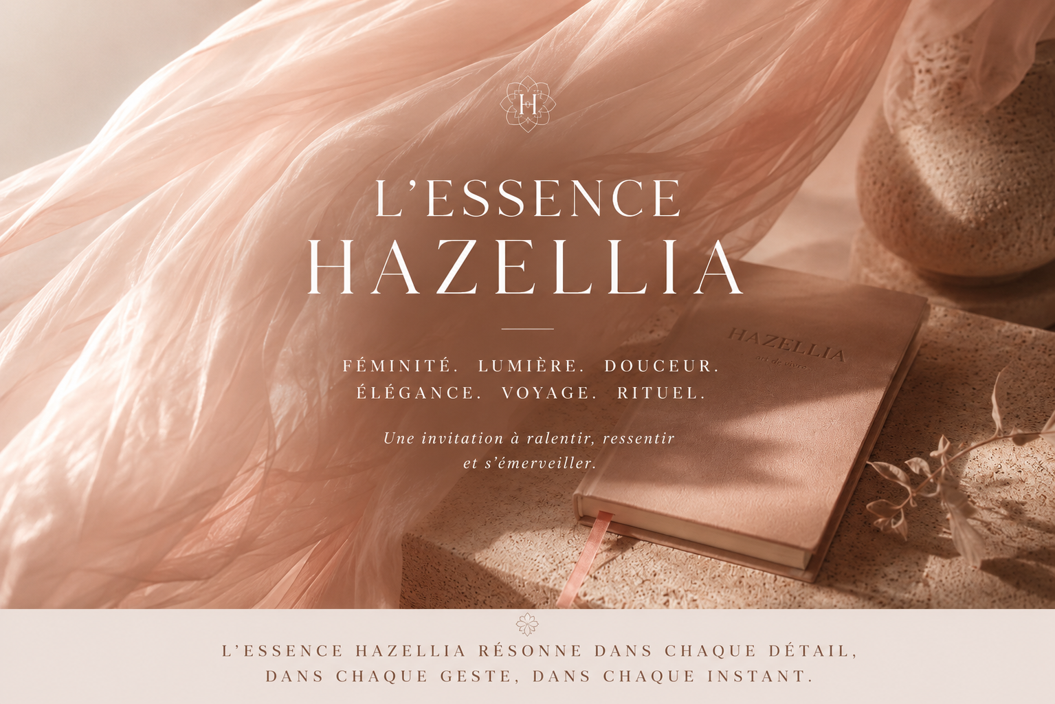 L’Essence Hazellia, univers éditorial féminin mêlant voile rose poudré, carnet raffiné, lumière naturelle et ambiance luxe inspirée des rituels, du voyage et de l’élégance intemporelle.

