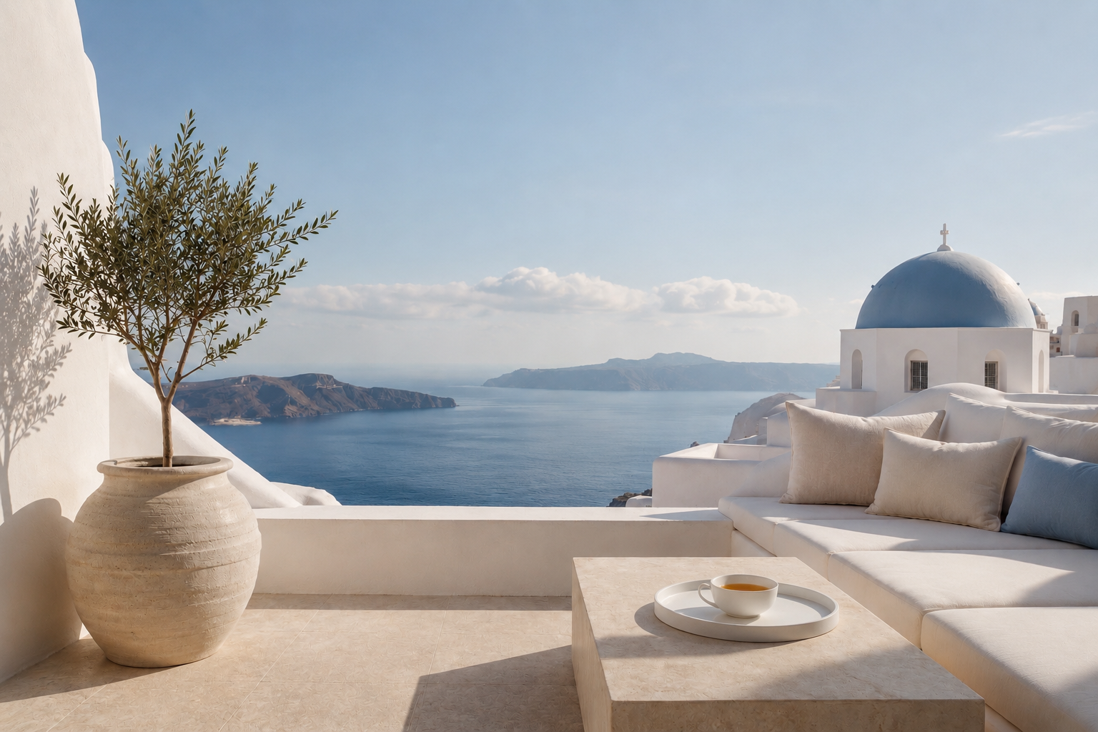 Terrasse méditerranéenne contemporaine avec infusion Hazellia face à la mer Égée, inspirée de l’univers Grèce Éternelle de Hazellia Voyage.

