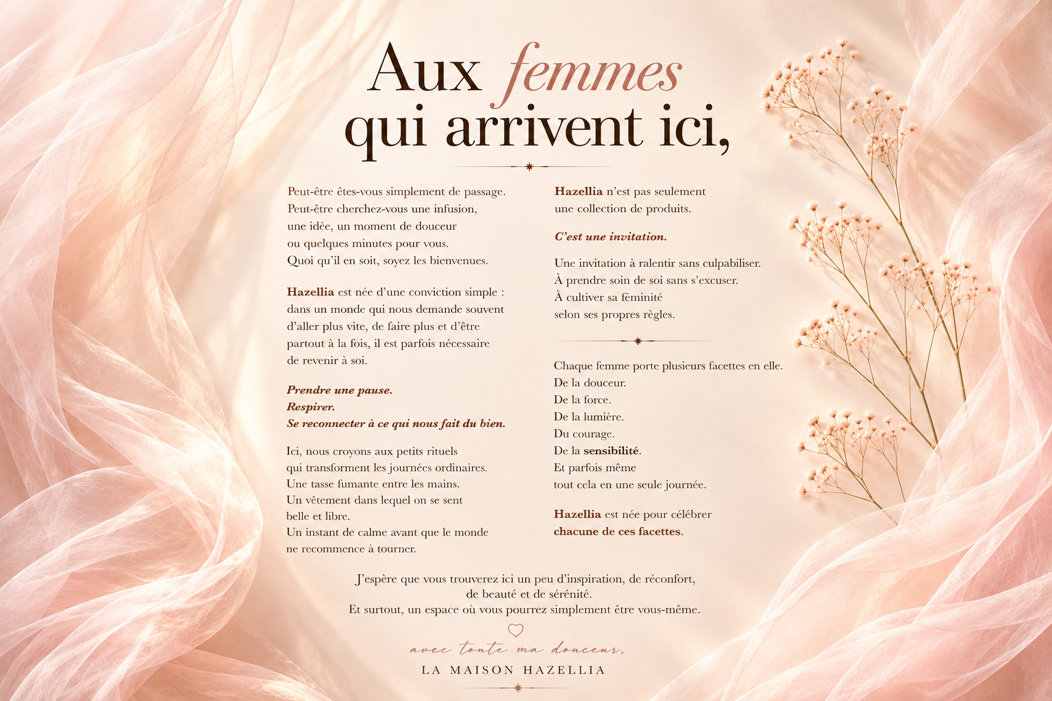 Lettre Hazellia aux femmes avec voiles rose poudré, fleurs délicates et manifeste inspirant autour de la féminité, du bien-être et des rituels du quotidien.

