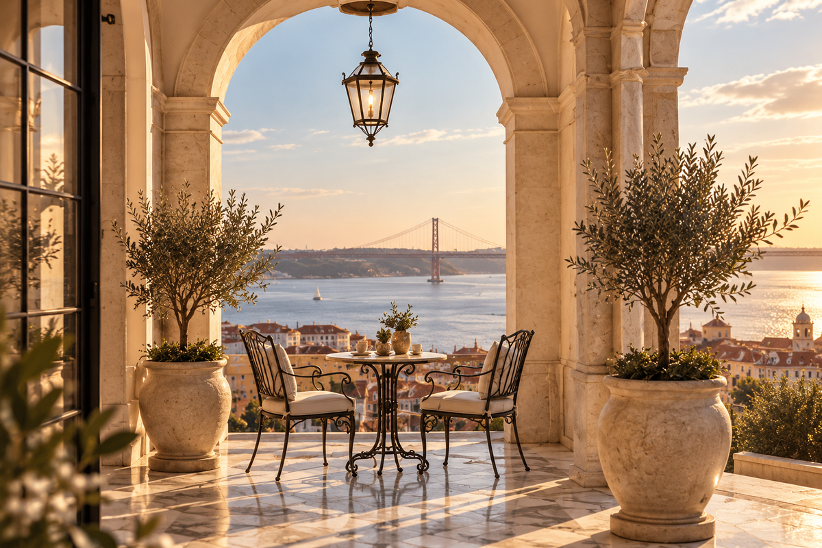 Lisbonne Lumineuse – terrasse élégante avec vue sur le Tage et le pont du 25 Avril au coucher du soleil | Hazellia

