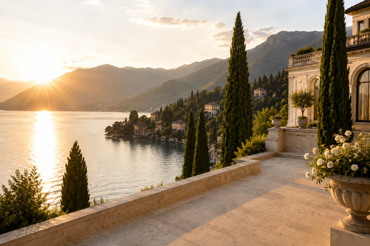 Paysage italien premium au bord du lac de Côme avec villas, cyprès et lumière douce – univers Italie Dolce Vita Hazellia.

