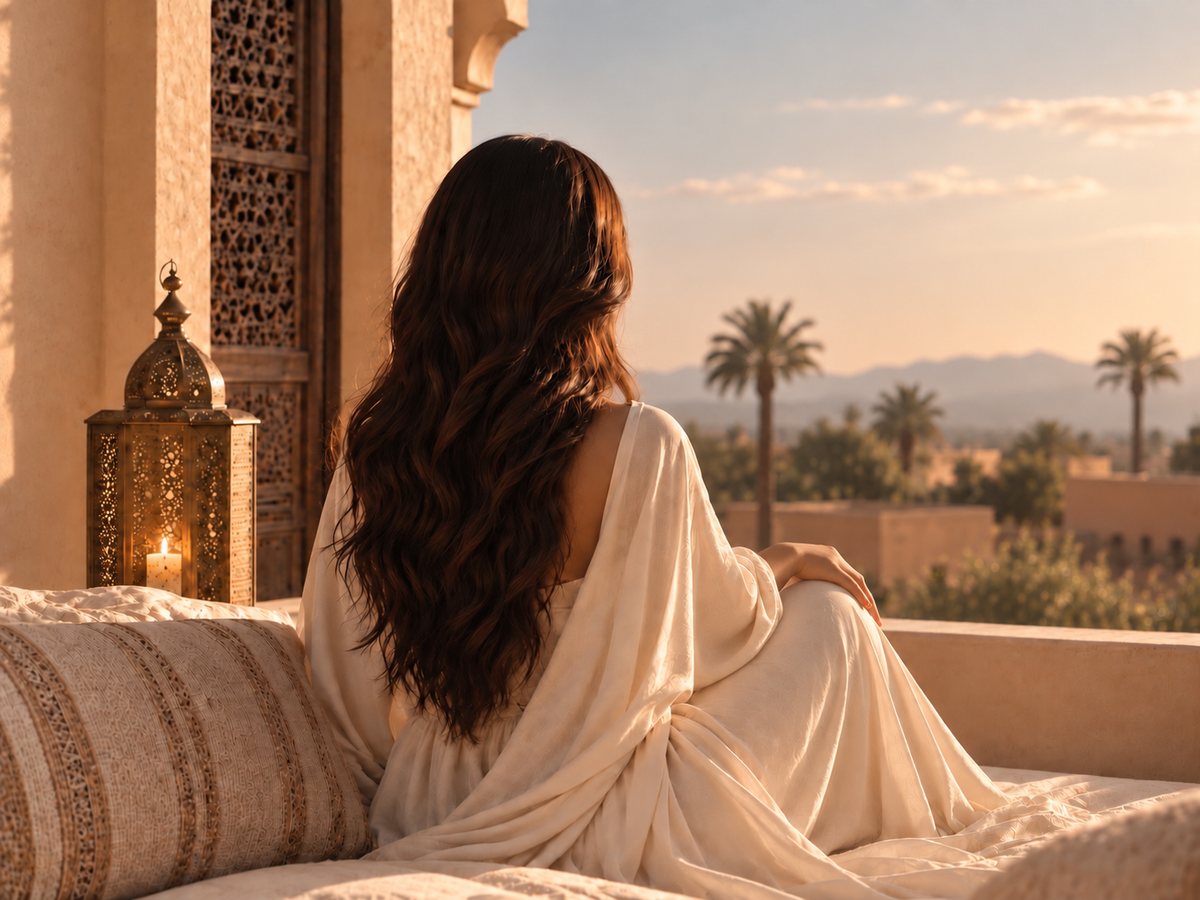 Élégance marocaine Hazellia, femme brune en tenue ivoire fluide sur une terrasse contemporaine au Maroc

