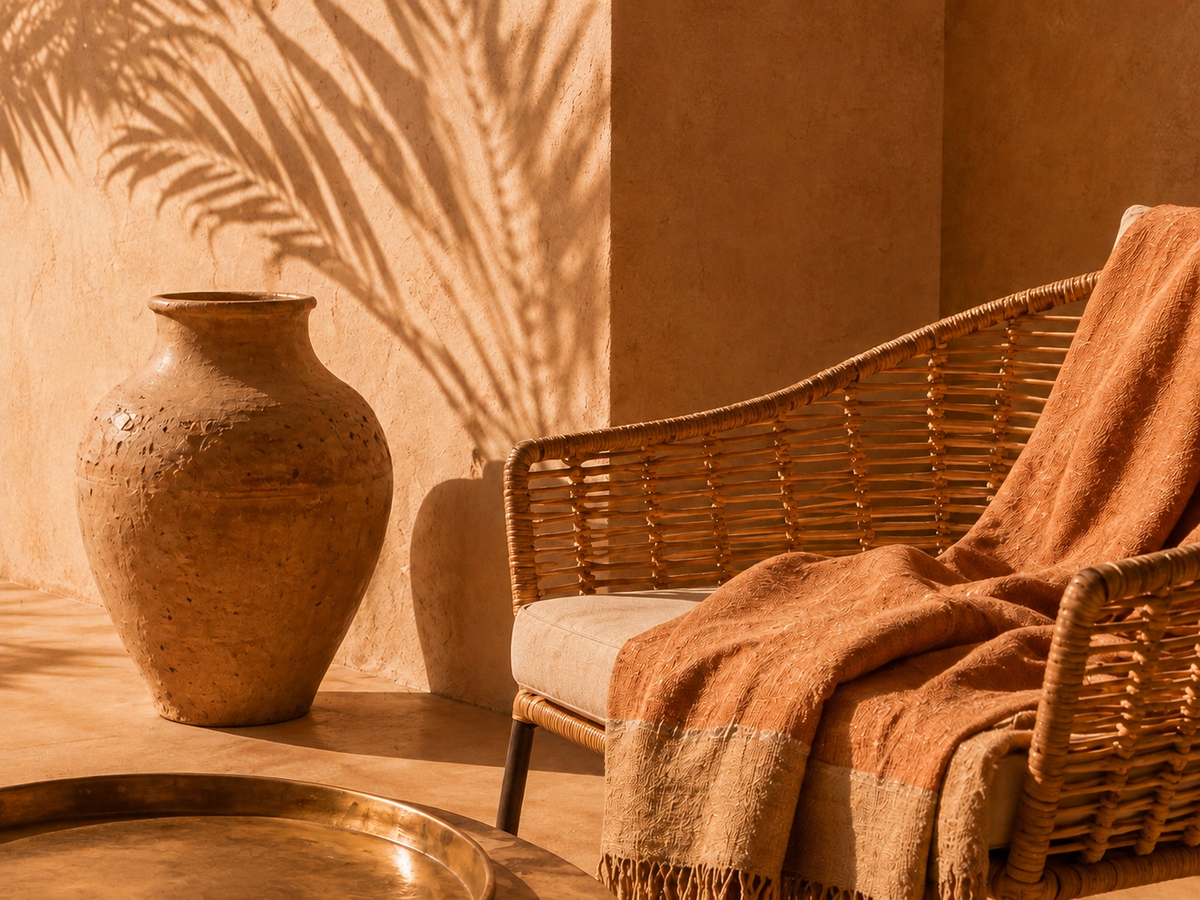 Évasion Sénégal Soleil avec fauteuil en rotin, plaid terracotta, poterie artisanale et ombres de palmier dans une lumière dorée – Hazellia

