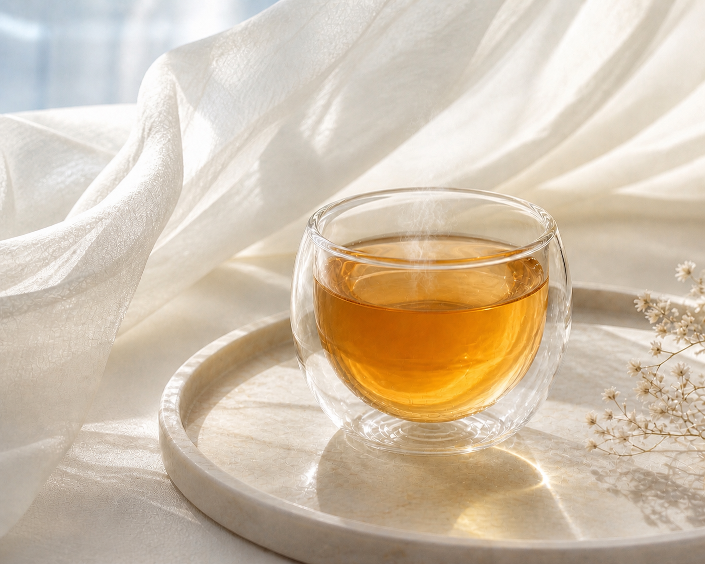 Infusion ambrée légère dans un verre transparent sur plateau marbre avec tissu fluide beige, ambiance fraîche et aérienne Hazellia

