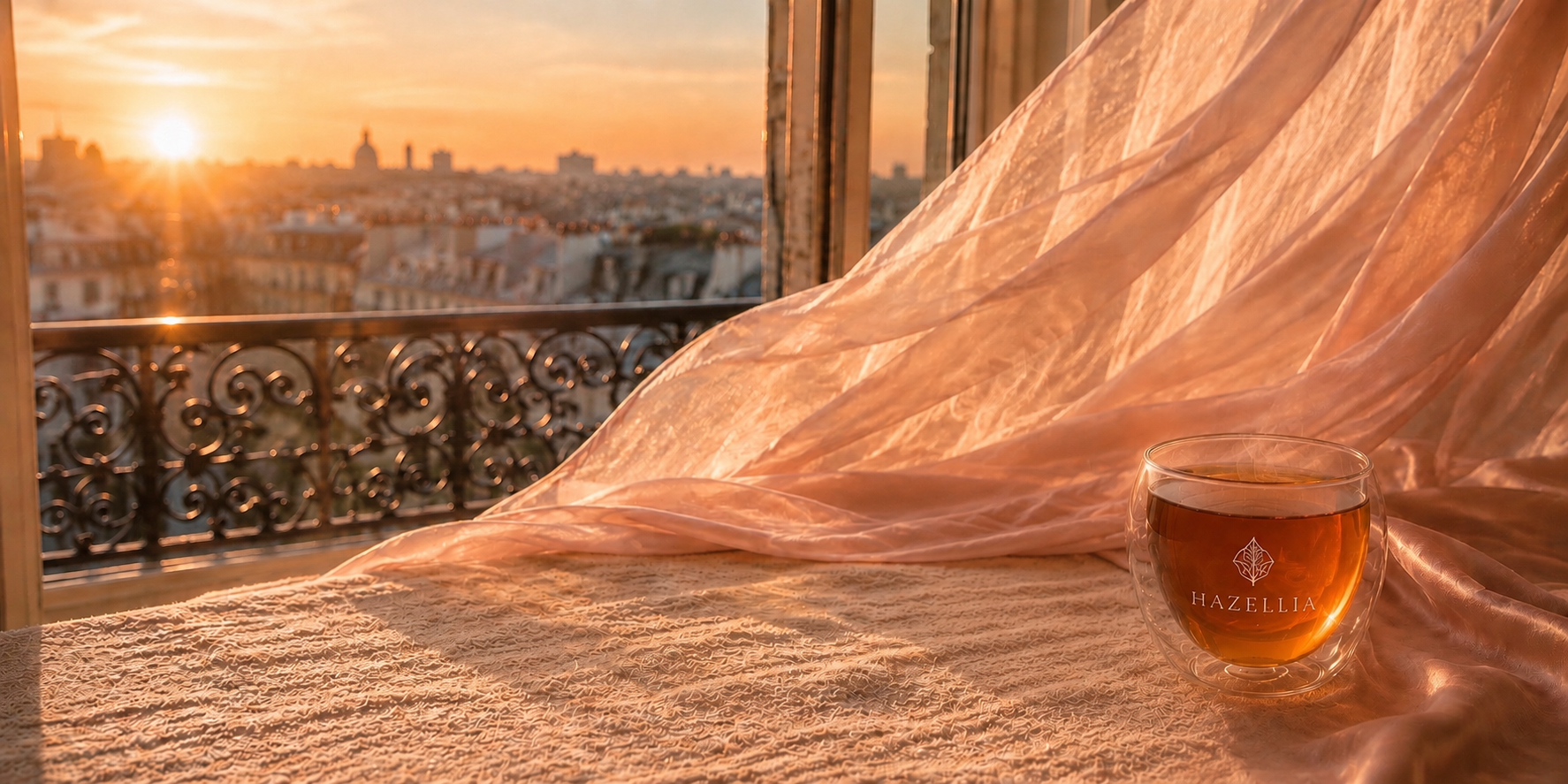 Univers Hazellia dans une ambiance luxe féminine avec infusion ambrée, voile rose poudré, lumière dorée, baie vitrée élégante et décoration premium inspirée des maisons couture.

