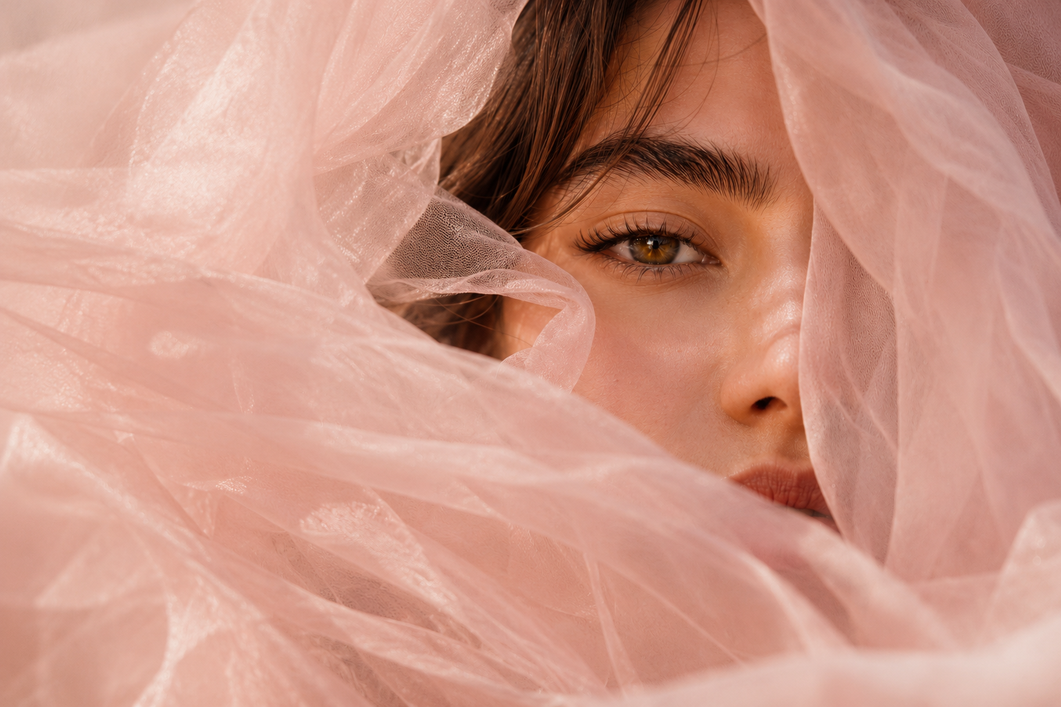 Regard féminin derrière un voile rose poudré, symbole de la vision Hazellia et de la féminité élégante, douce et intemporelle.


