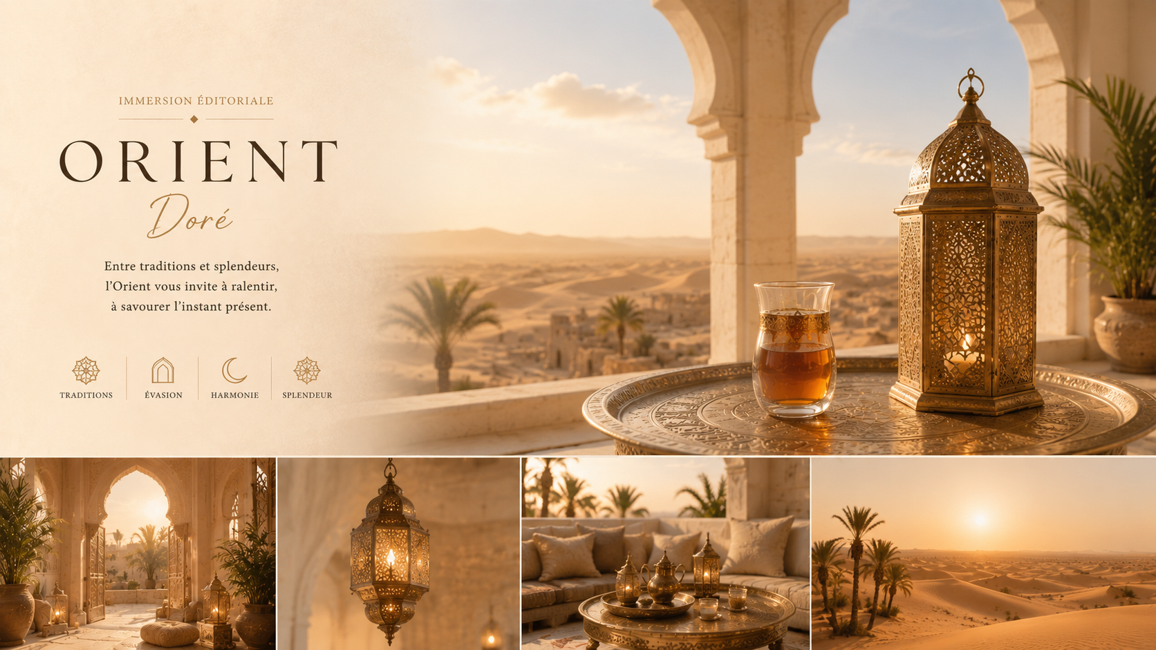 Terrasse orientale luxueuse avec verre à thé épuré, arches dorées, désert lumineux et ambiance éditoriale premium inspirée de l’univers Hazellia Voyage Orient Doré.

