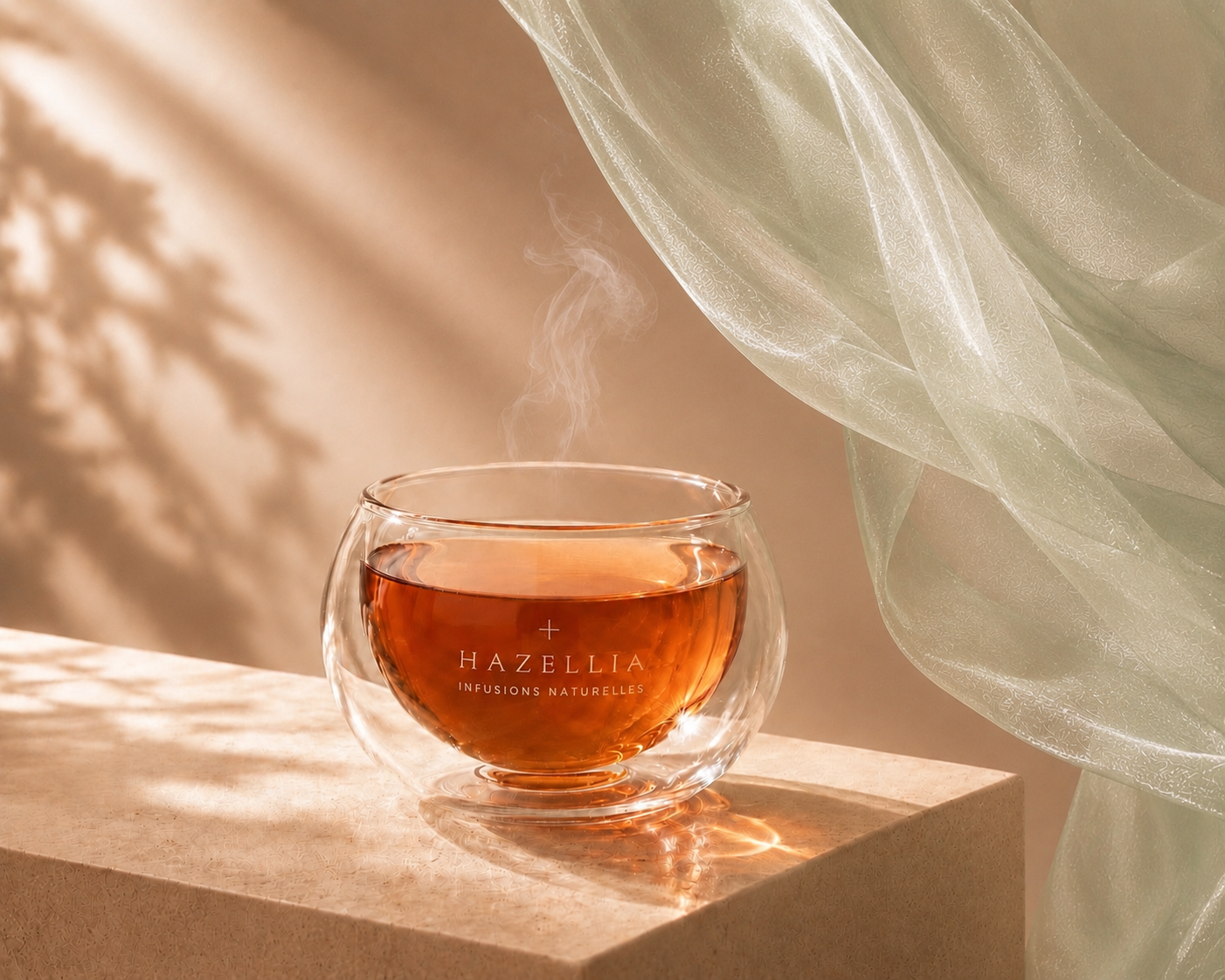 Infusion naturelle Mint Atlas Hazellia dans un mug en verre, voile vert sauge et lumière champagne