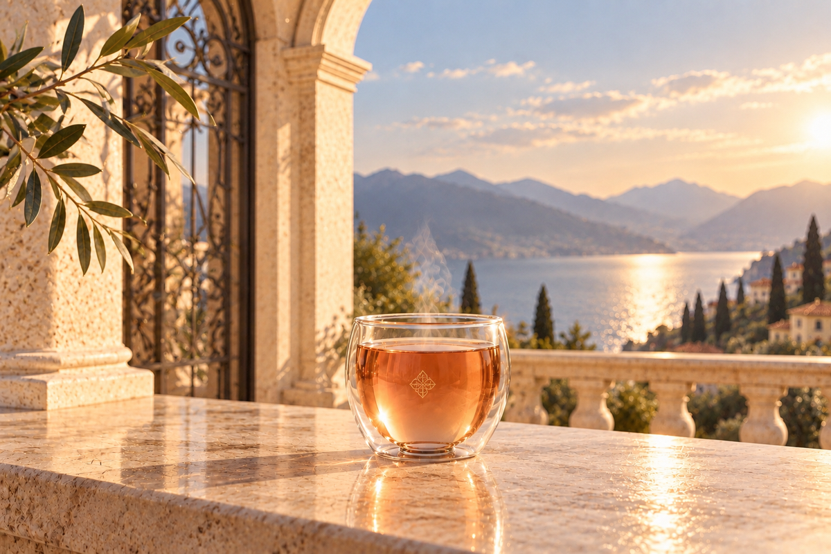 Mug signature Hazellia en verre double paroi avec infusion Muse Opal sur une terrasse italienne au coucher du soleil – rituel d’infusion Dolce Vita

