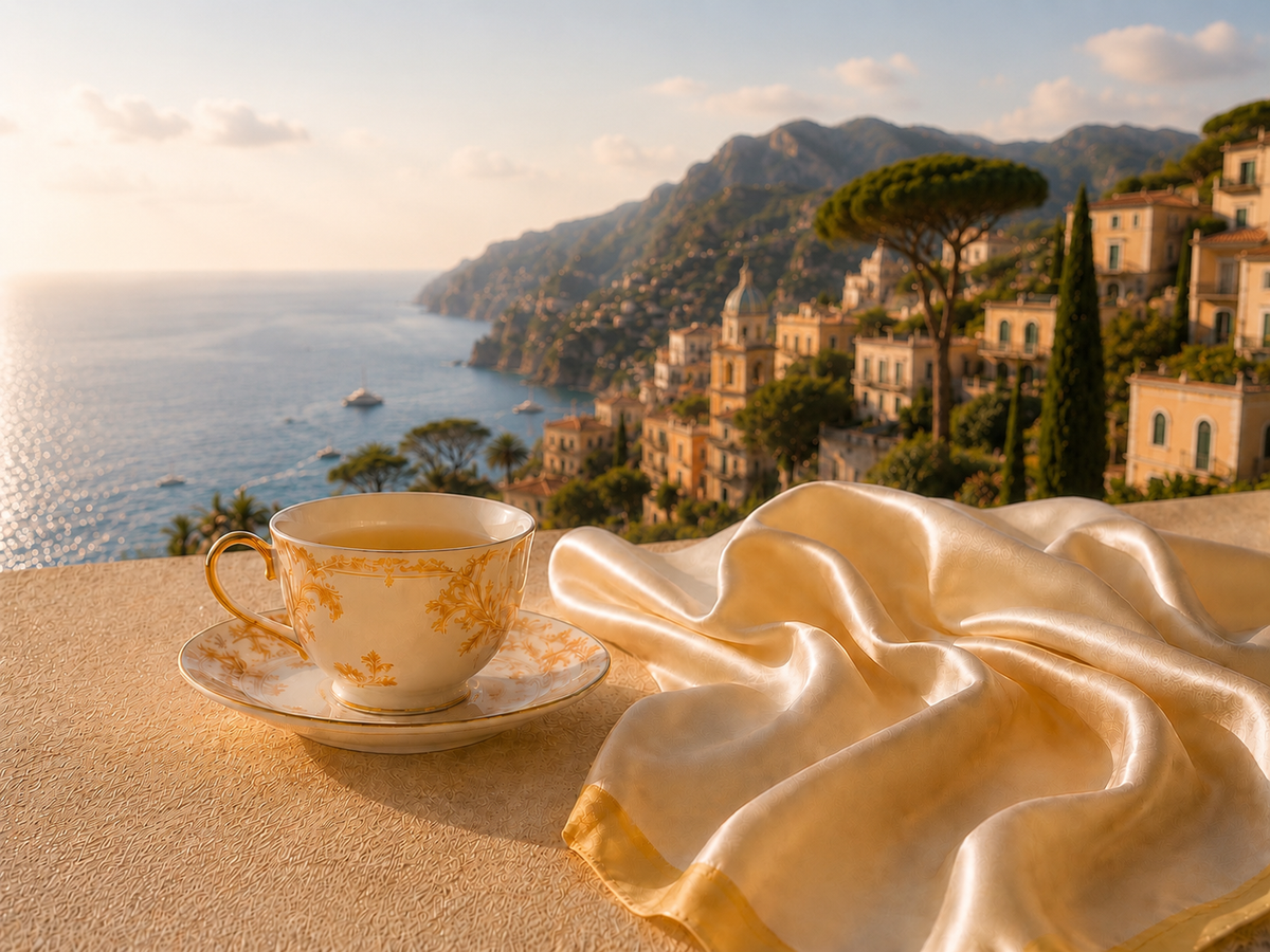 Tasse élégante sur terrasse avec satin ivoire et vue sur la côte italienne – Italie Dolce Vita Hazellia


