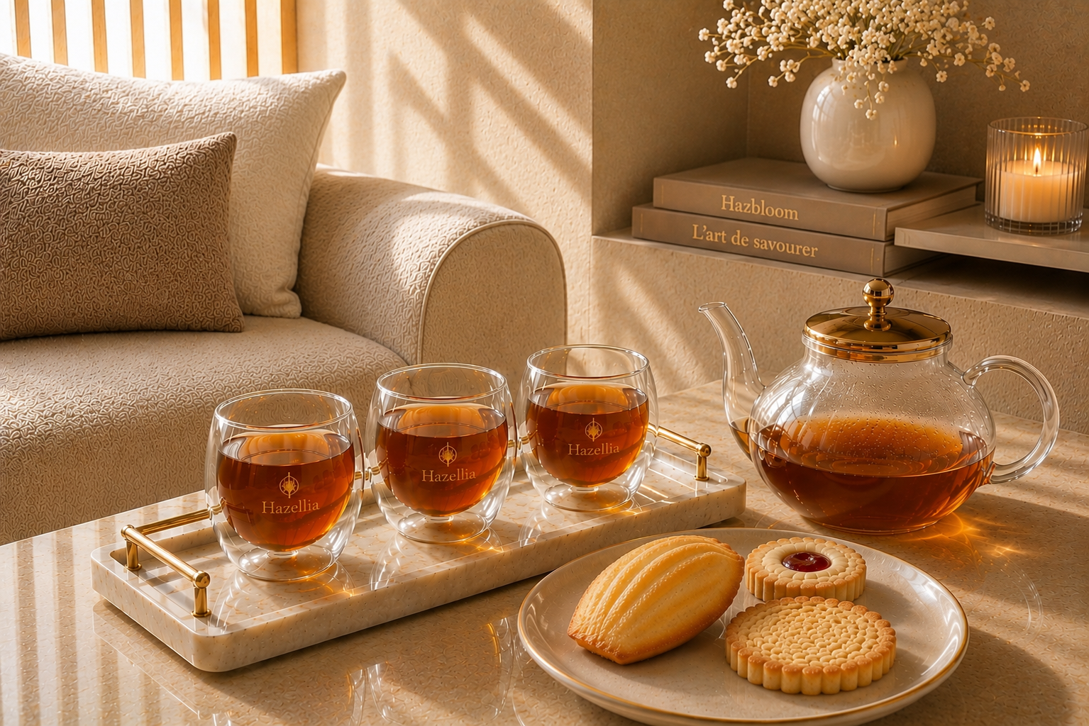 Les Instants Partagés Hazellia – infusion ambrée servie dans des mugs double paroi avec madeleine et biscuits gourmands dans une ambiance élégante inspirée des maisons de thé premium.

