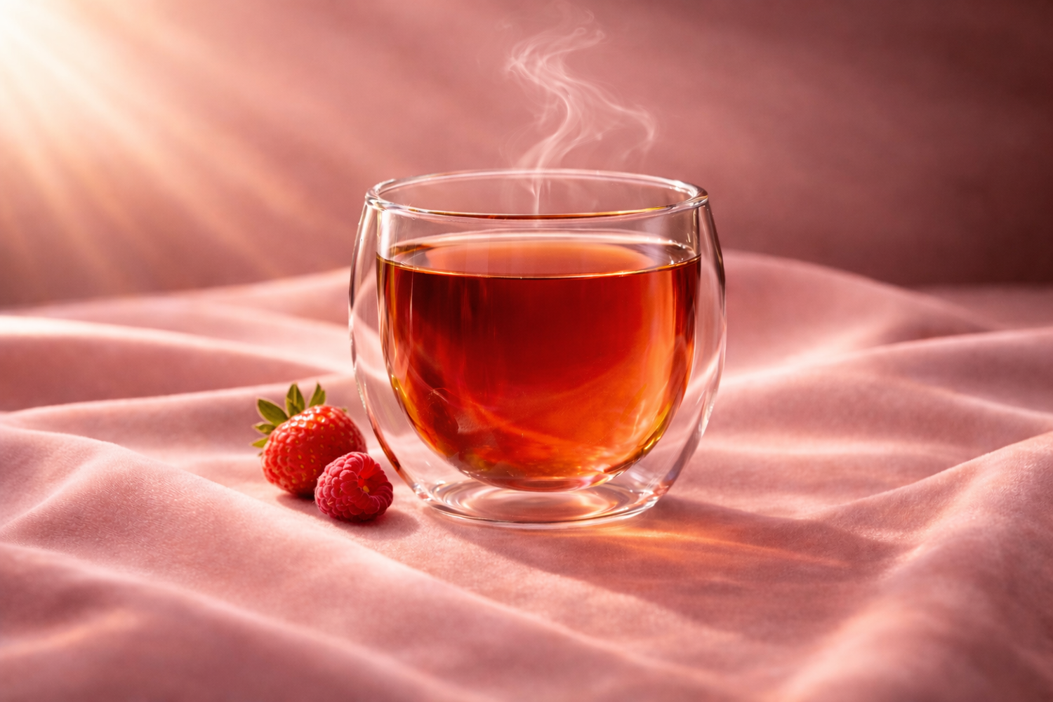 Infusion Red Velvet Hazellia au rooibos, fraise et framboise dans un verre double paroi sur velours rose poudré, rituel féminin chaleureux et enveloppant.

