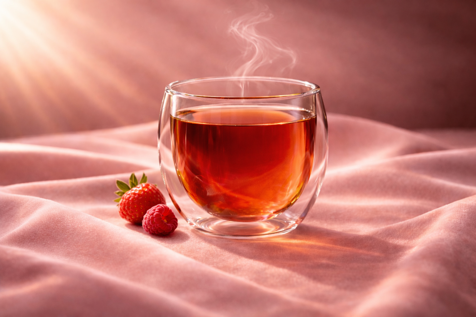 Infusion Red Velvet Hazellia au rooibos, fraise et framboise dans un verre double paroi sur velours rose poudré, rituel féminin chaleureux et enveloppant.

