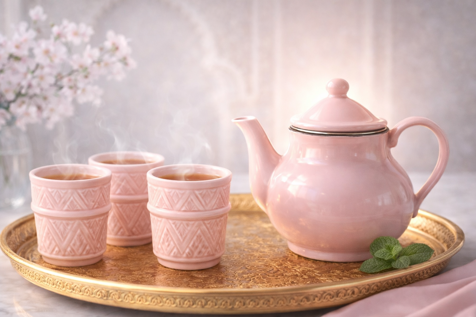 rituel thé marocain théière rose plateau doré infusion hazellia
