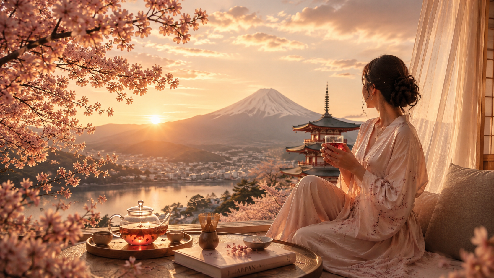 Japon Sakura Hazellia Voyage avec femme élégante en kimono rose poudré satiné face au mont Fuji au coucher du soleil, fleurs de cerisier, voile aérien et ambiance luxe zen inspirée des rituels japonais féminins.

