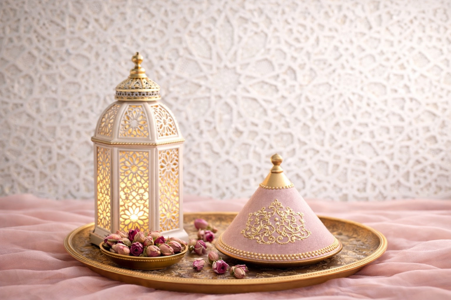 Plateau doré marocain avec une lanterne ajourée blanche et or, un petit tajine rose poudré et des boutons de rose séchés, posé sur un voile en soie rose, devant un mur marocain en mosaïque blanche sculptée — ambiance douce, chaleureuse et premium