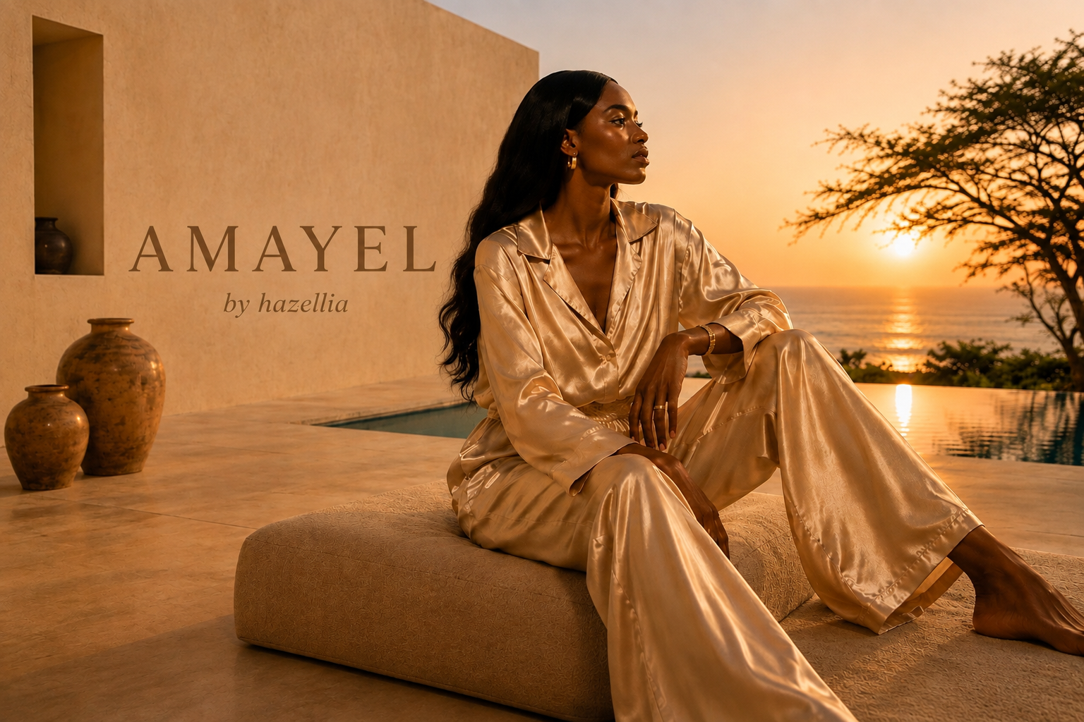 Mode féminine Hazellia au Sénégal, tenue fluide dorée de la collection capsule Amayel au coucher du soleil.