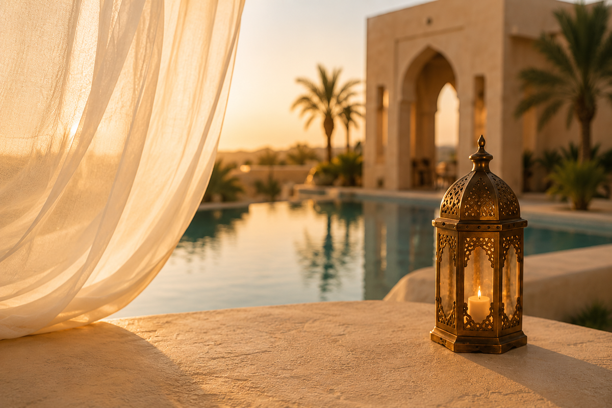 Évasion Orient Doré avec voile ivoire, lanterne dorée et architecture orientale contemporaine au coucher du soleil – Hazellia

