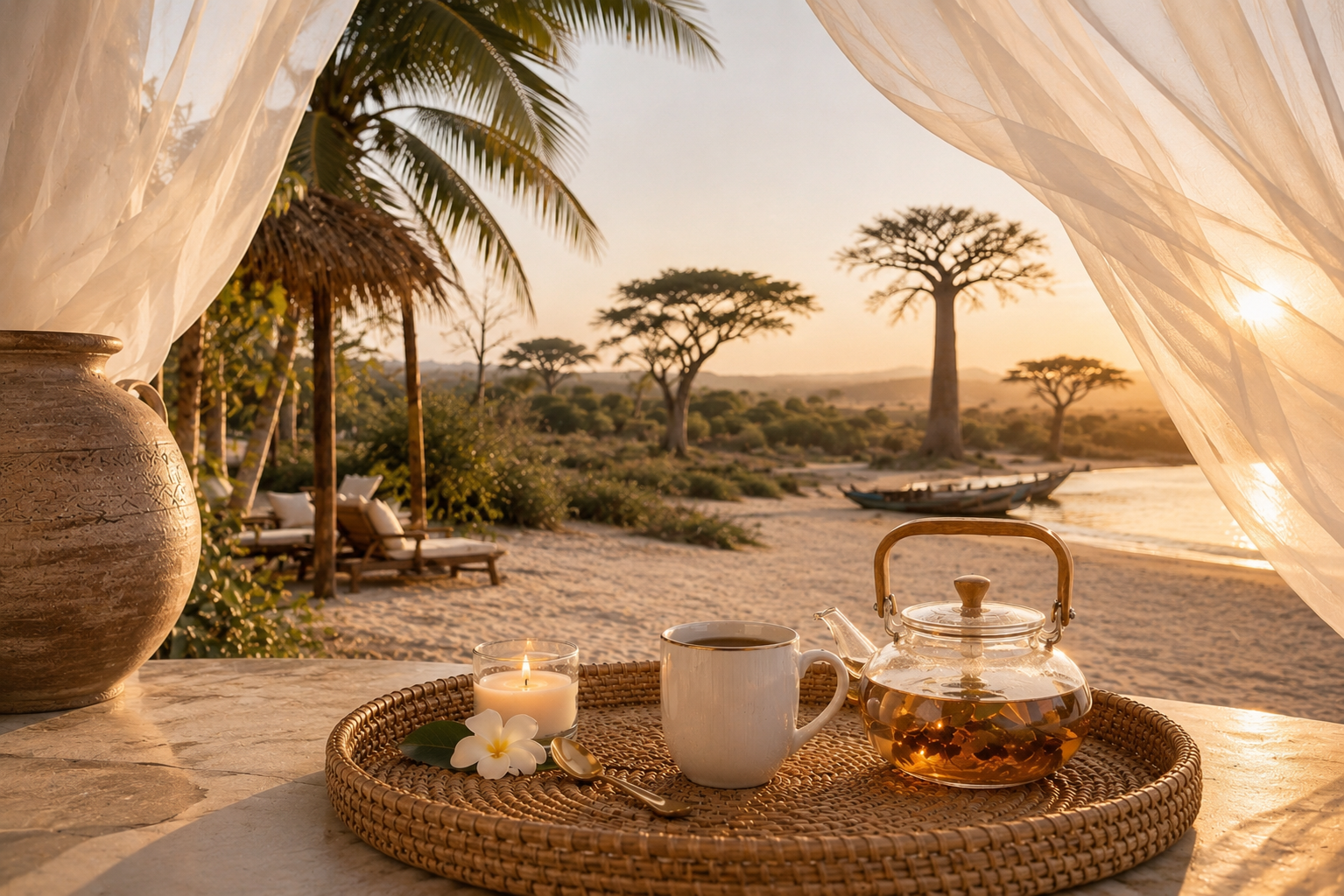 Rituel d’infusion sénégalais paysage en bord de mer avec plateau de thé aux plantes, ambiance ensoleillé et lumière dorée inspirée du Sénégal Hazellia.