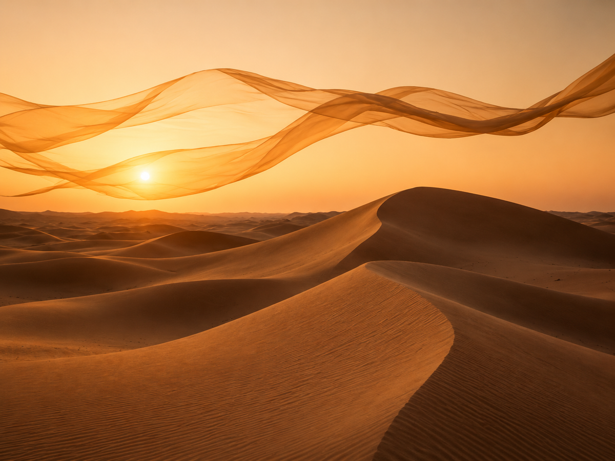 Paysage désertique au coucher du soleil avec dunes dorées et voile aérien, ambiance luxe contemporaine – Orient Doré Hazellia

