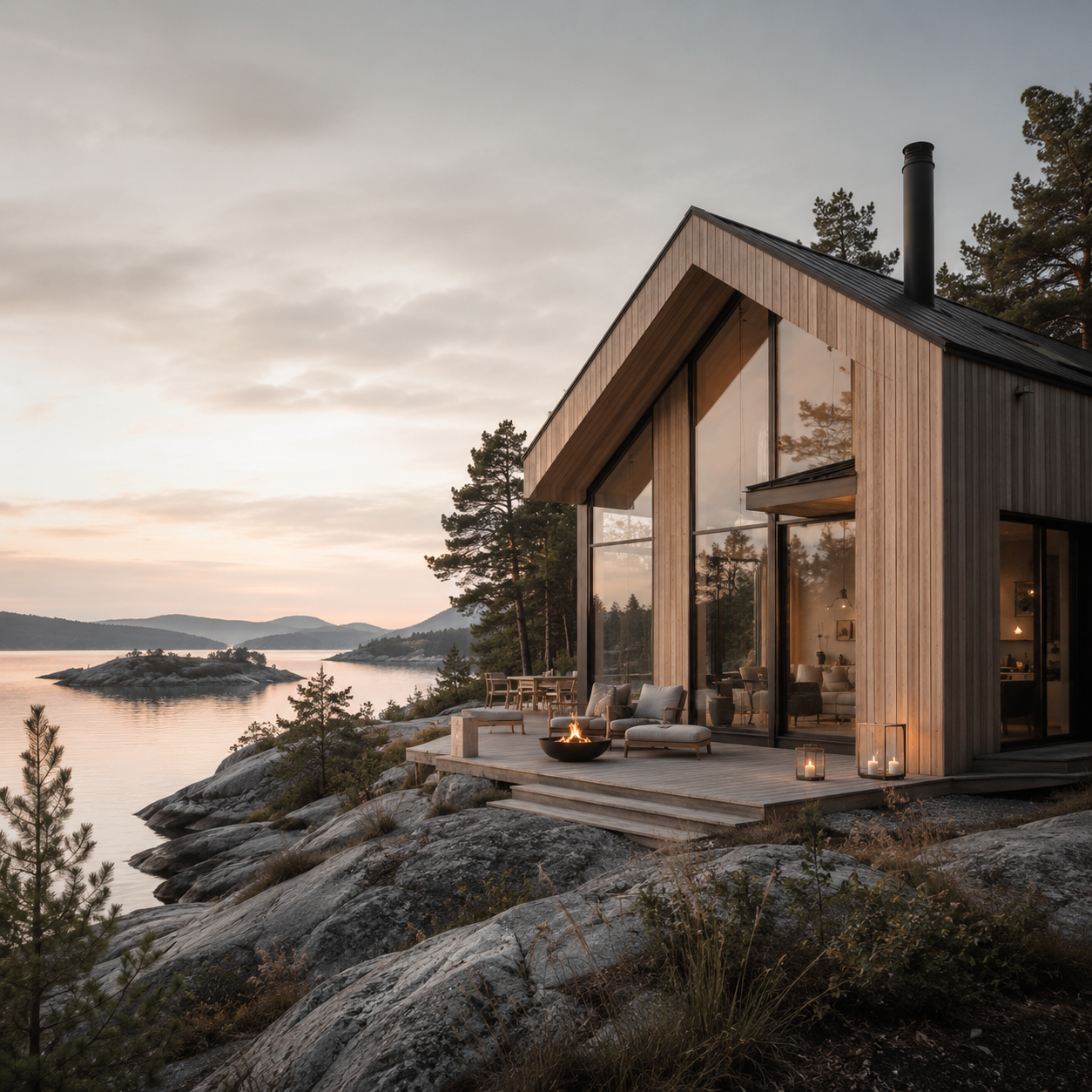 Maison scandinave luxe au bord d’un lac nordique — architecture minimaliste en bois clair, grandes baies vitrées, ambiance cocooning premium et paysage naturel apaisant Hazellia Voyage Scandinavie.

