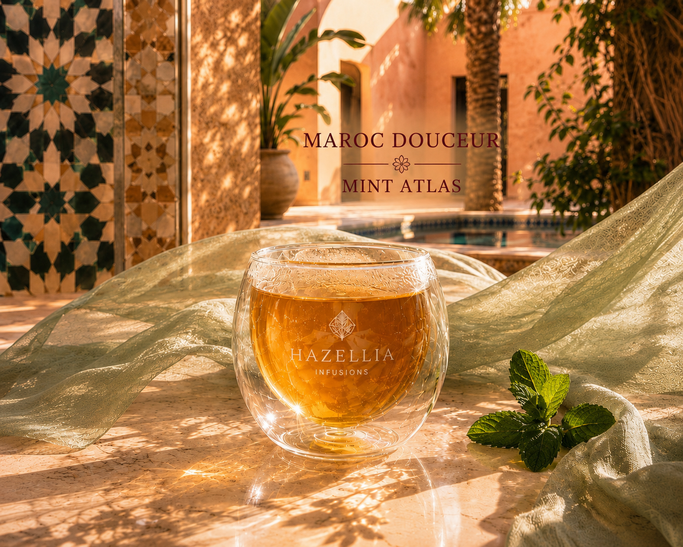 Mint Atlas Hazellia – infusion ambrée à la menthe dans un verre double paroi premium avec voile vert sauge aérien, patio marocain chic et lumière dorée chaleureuse.
