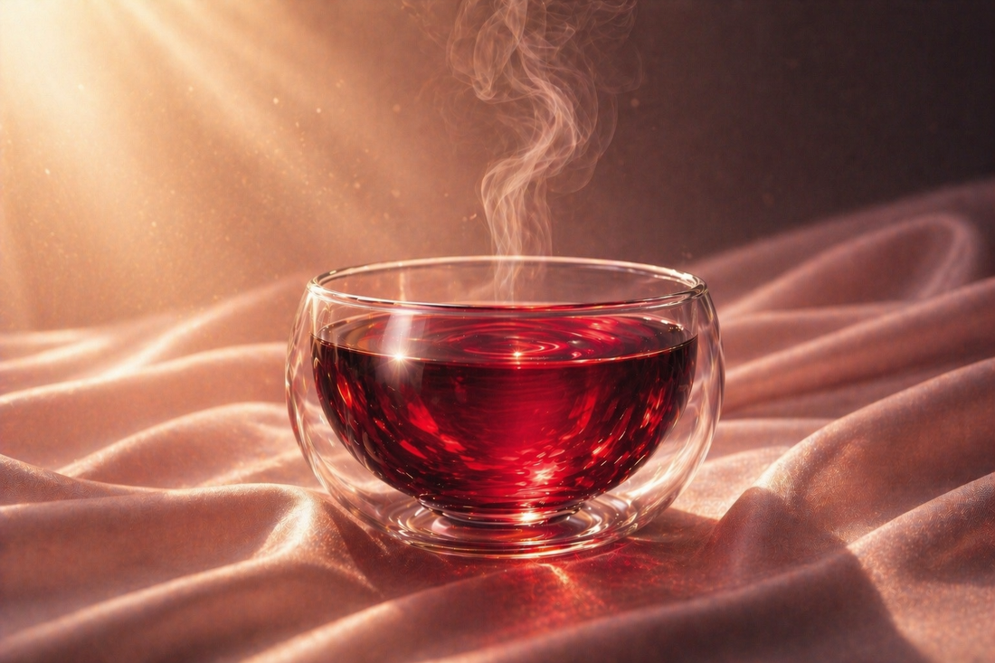 Infusion hibiscus bio rouge rubis Rose Blood Hazellia dans une tasse en verre double paroi, rituel féminin luxe, boisson chaude bien-être peau et éclat, ambiance satin rose poudré premium

