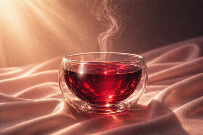 Infusion hibiscus bio rouge rubis Rose Blood Hazellia dans une tasse en verre double paroi, rituel féminin luxe, boisson chaude bien-être peau et éclat, ambiance satin rose poudré premium

