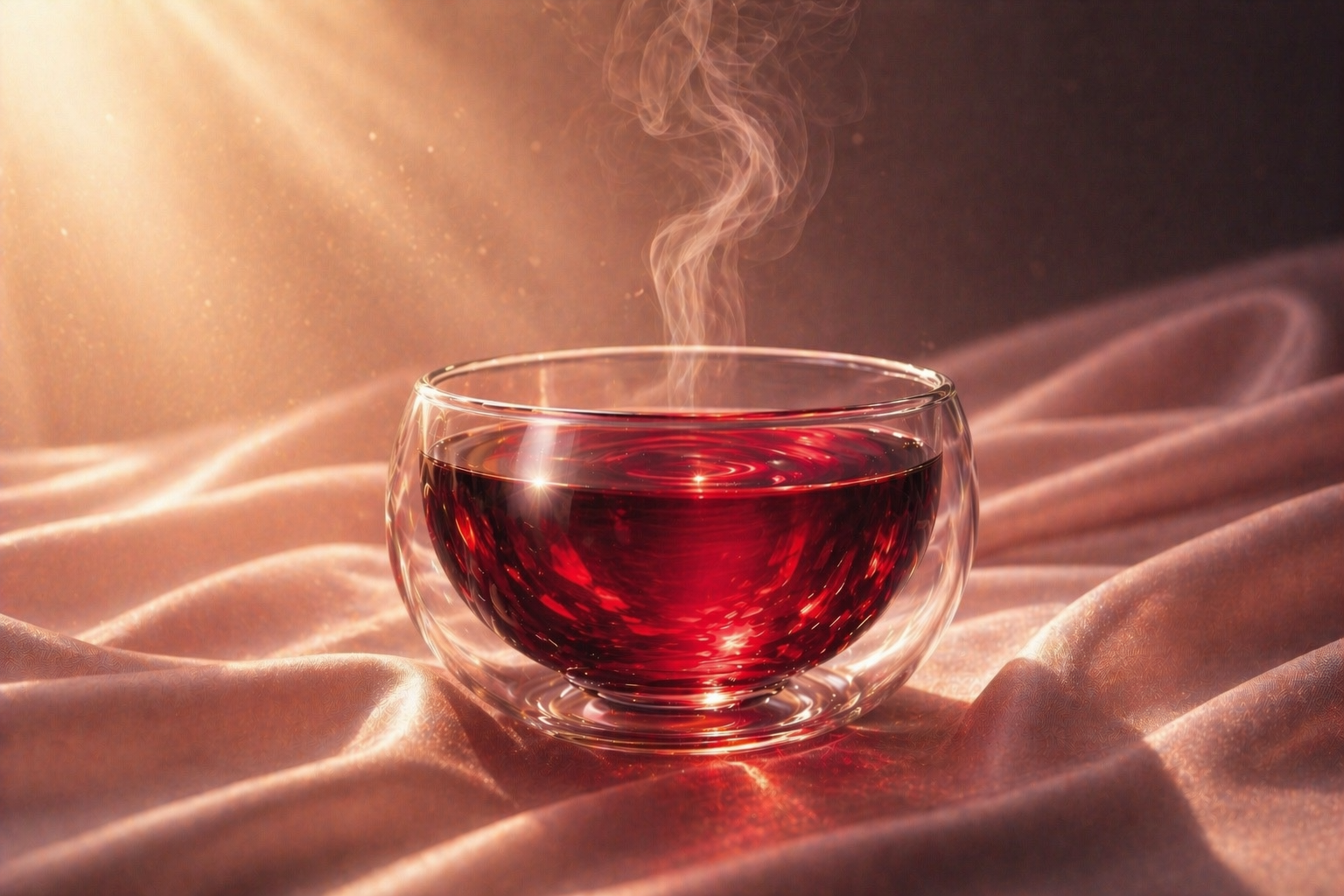 Tisane hibiscus bio Rose Blood Hazellia, infusion rouge intense dans mug double paroi, rituel beauté féminin, thé bien-être peau éclat, univers luxe satin rose

