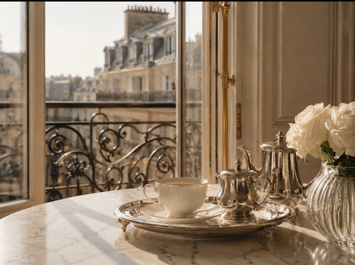 Rituel d’infusion parisien avec tasse ivoire et service à thé argenté dans un intérieur haussmannien lumineux – Paris Intemporel Hazellia

