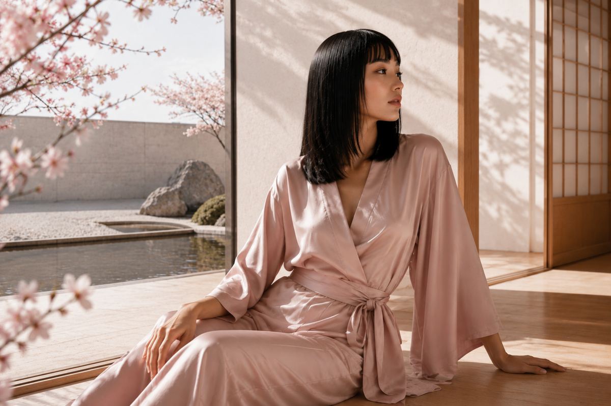 Élégance japonaise Hazellia – femme en kimono rose poudré dans une maison contemporaine ouverte sur un jardin japonais, inspiration Blossom Ode, sérénité et élégance premium.
