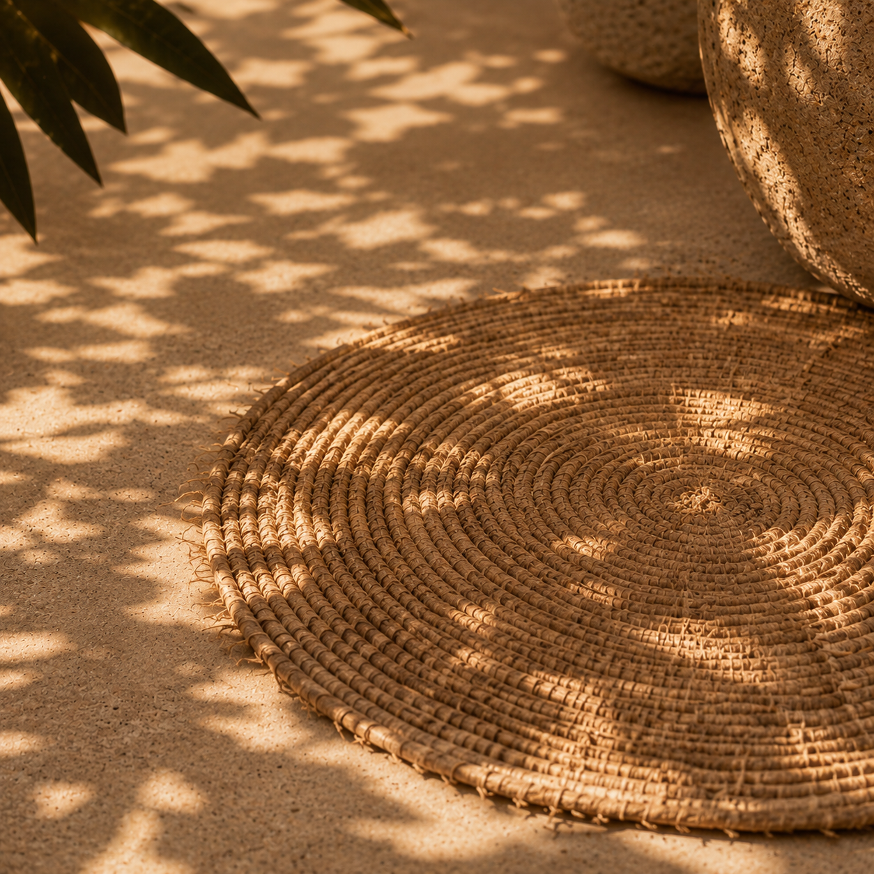 Décoration artisanale sénégalaise luxe Hazellia Voyage — tapis tressé naturel beige sous lumière dorée, ambiance solaire élégante inspirée du Sénégal contemporain et du slow living.

