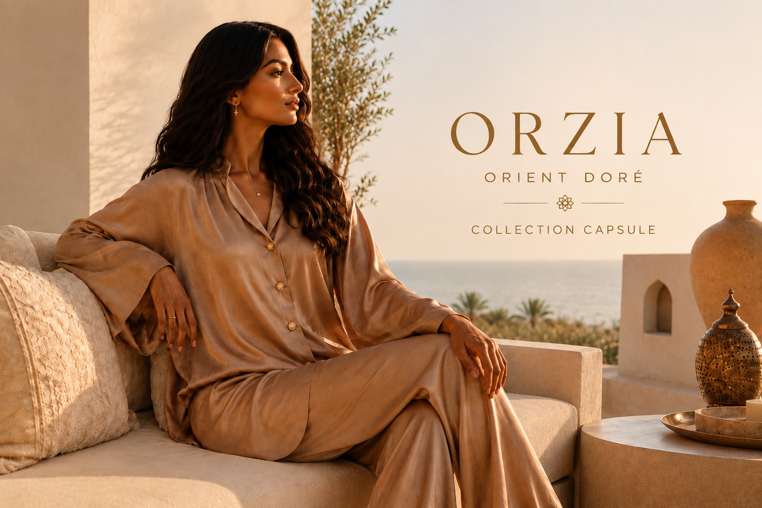 Élégance orientale contemporaine, femme en tenue satinée dorée de la collection Orzia par Hazellia.