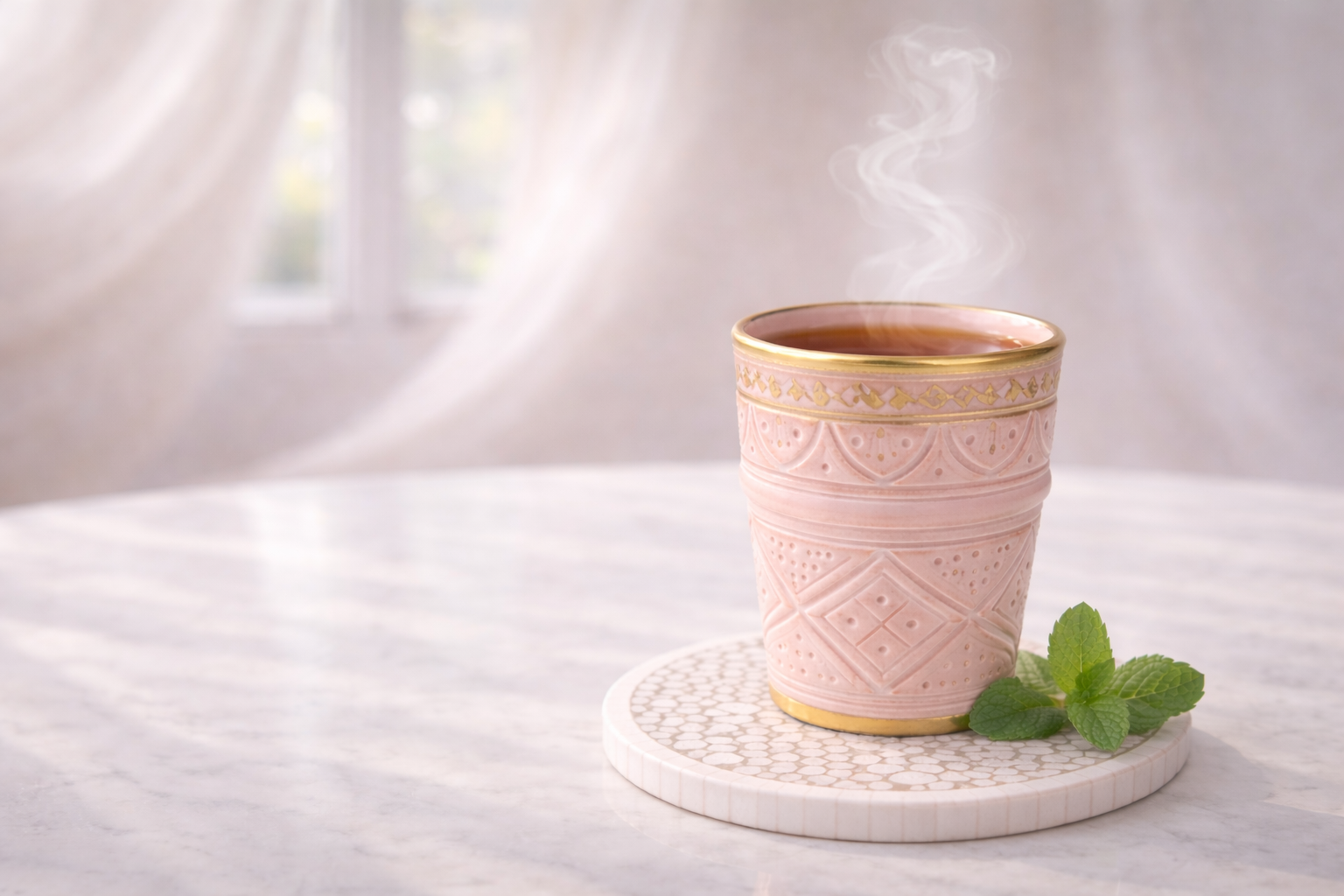 Infusion Mint Atlas à la menthe servie dans un mug en verre dans une ambiance douce inspirée du Maroc, rituel fraîcheur Hazellia.

