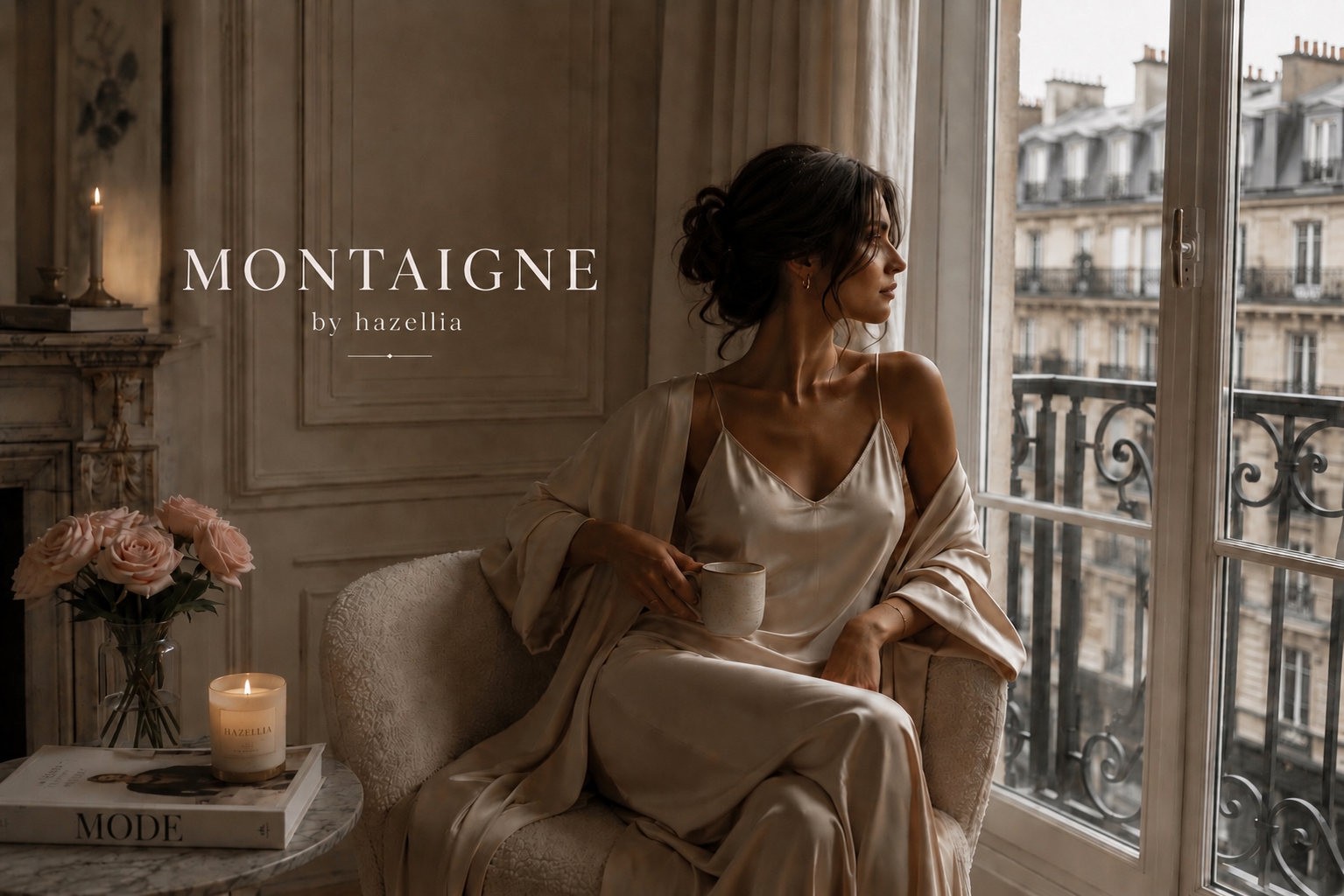 Femme en robe satinée ivoire dans un appartement parisien chic – collection MONTAIGNE by Hazellia inspirée de l’élégance parisienne et du luxe couture féminin.
