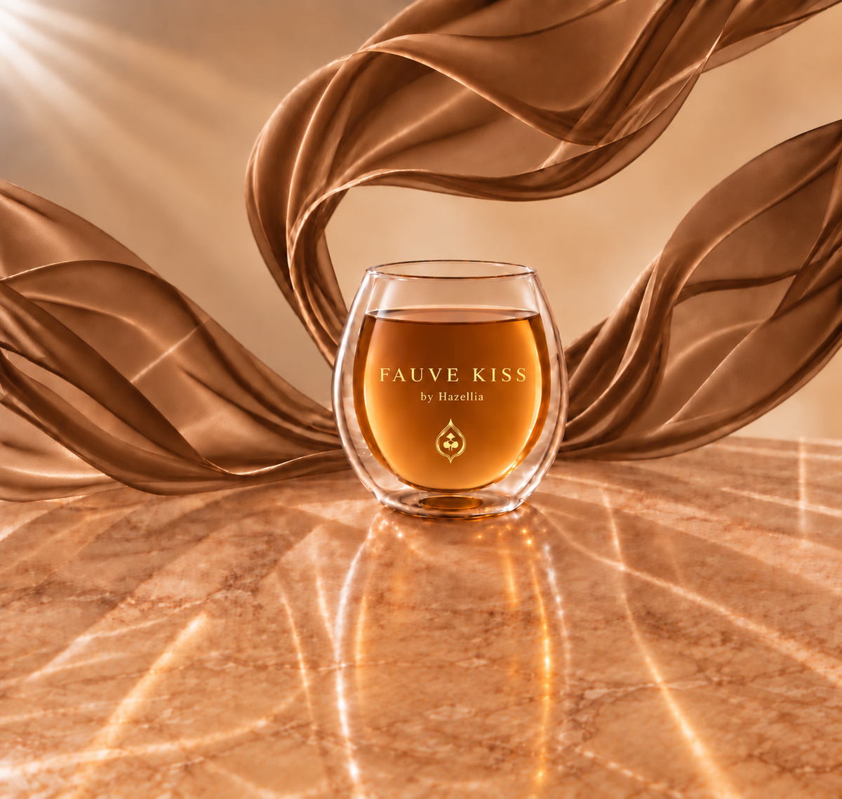 Fauve Kiss by Hazellia, infusion ambrée dans un mug en verre sur fond ambre ivoire avec voile marron moka translucide, univers femme audacieuse
