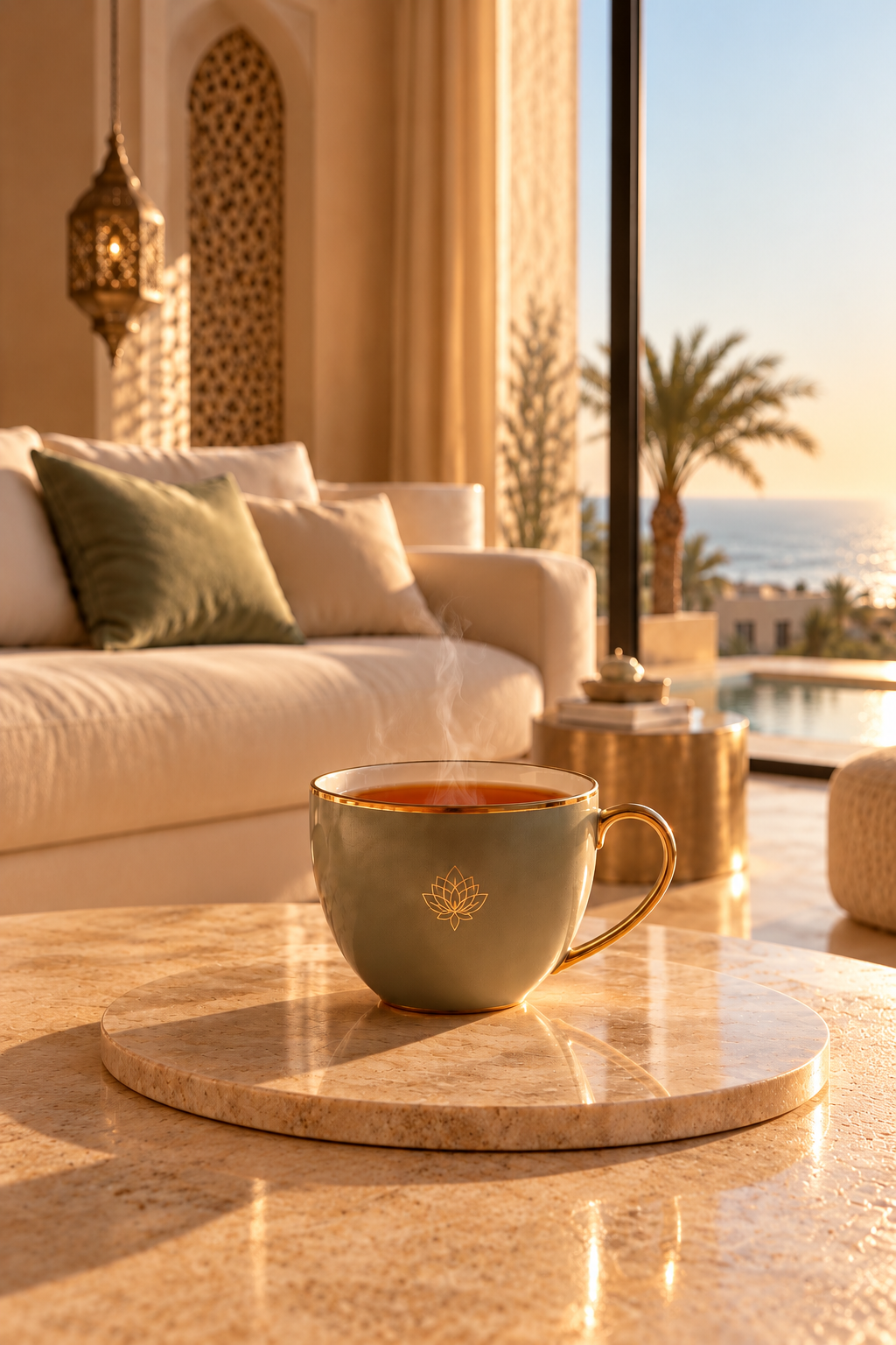 Rituel d’infusion marocain Hazellia dans un salon contemporain aux tons ivoire et vert sauge avec mug premium face à une baie vitrée ouverte sur les palmiers et la mer.

