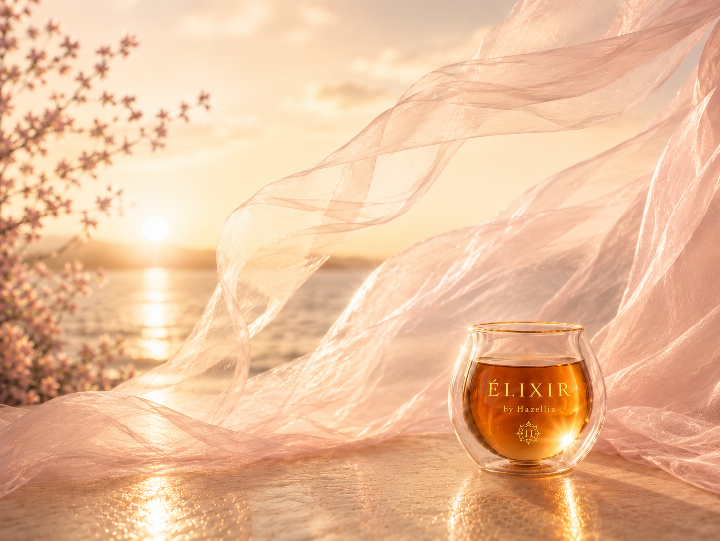 ÉLIXIR by Hazellia, infusion rose poudré dans un mug double paroi transparent, voile aérien romantique et lumière dorée au bord de l’eau.

