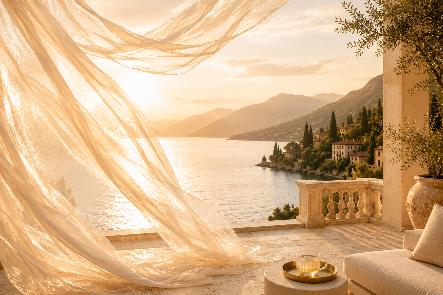 Terrasse élégante en Italie avec voile champagne, vue sur lac baigné de  lumière dorée, univers Italie Dolce Vita de Hazellia Voyage inspiré par l’infusion GlowTox.

