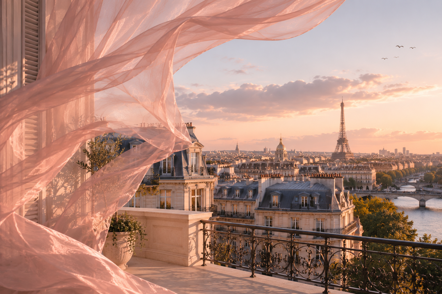 Vue sur Paris depuis un balcon haussmannien avec voile rose poudré aérien, univers Paris Élégance de Hazellia Voyage inspiré par l’infusion Pink Elixir.


