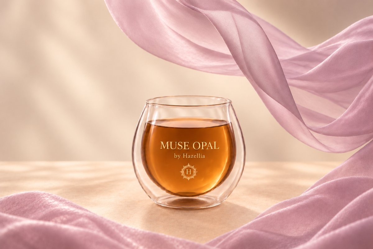 Verre à double paroi contenant l’infusion ambrée Muse Opal de Hazellia, entouré d’un voile mauve opalin sur un fond ivoire champagne lumineux.

