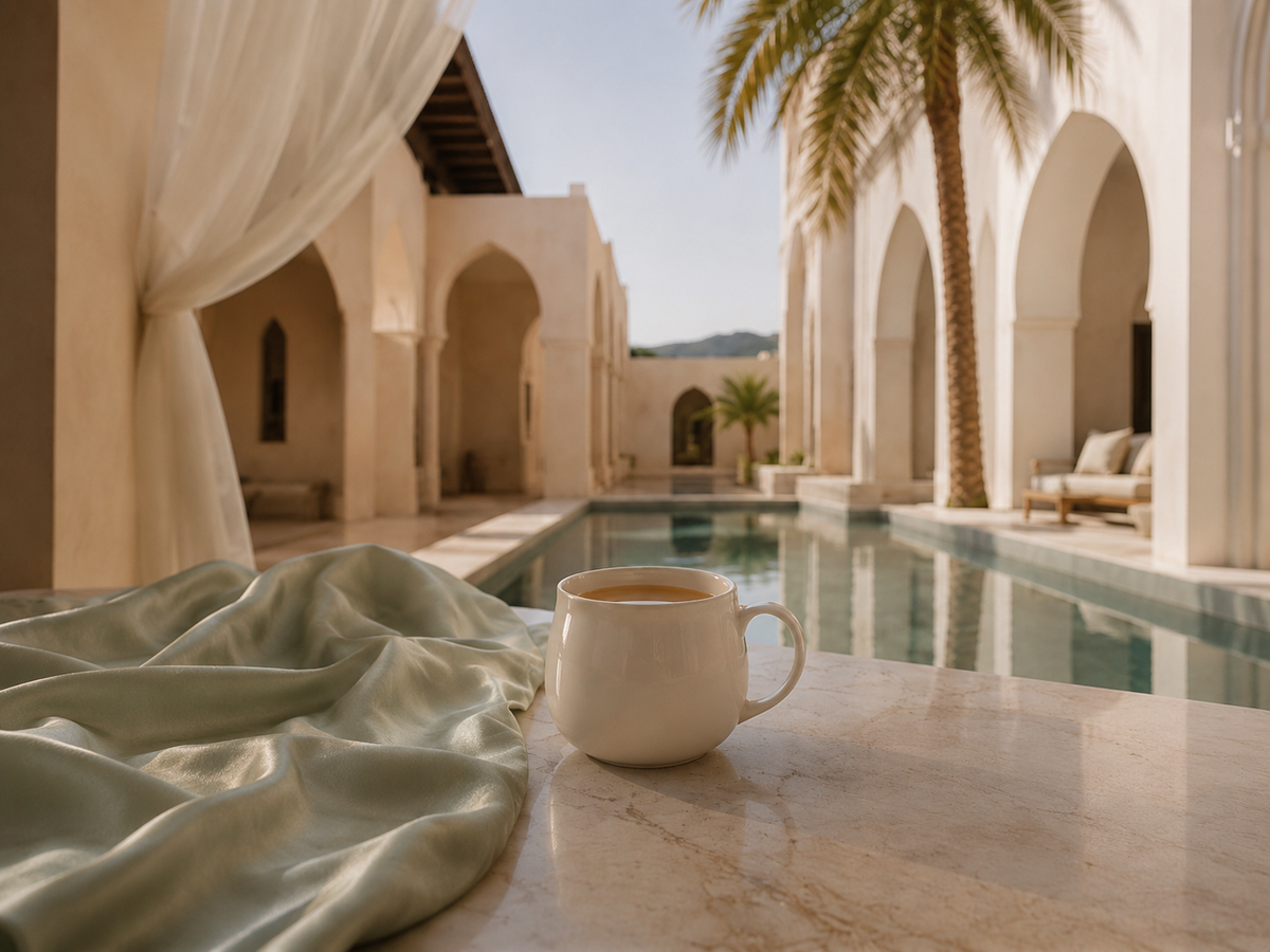 Rituel d’infusion marocain avec mug ivoire et satin vert sauge dans un riad contemporain avec bassin – Maroc Douceur Hazellia

