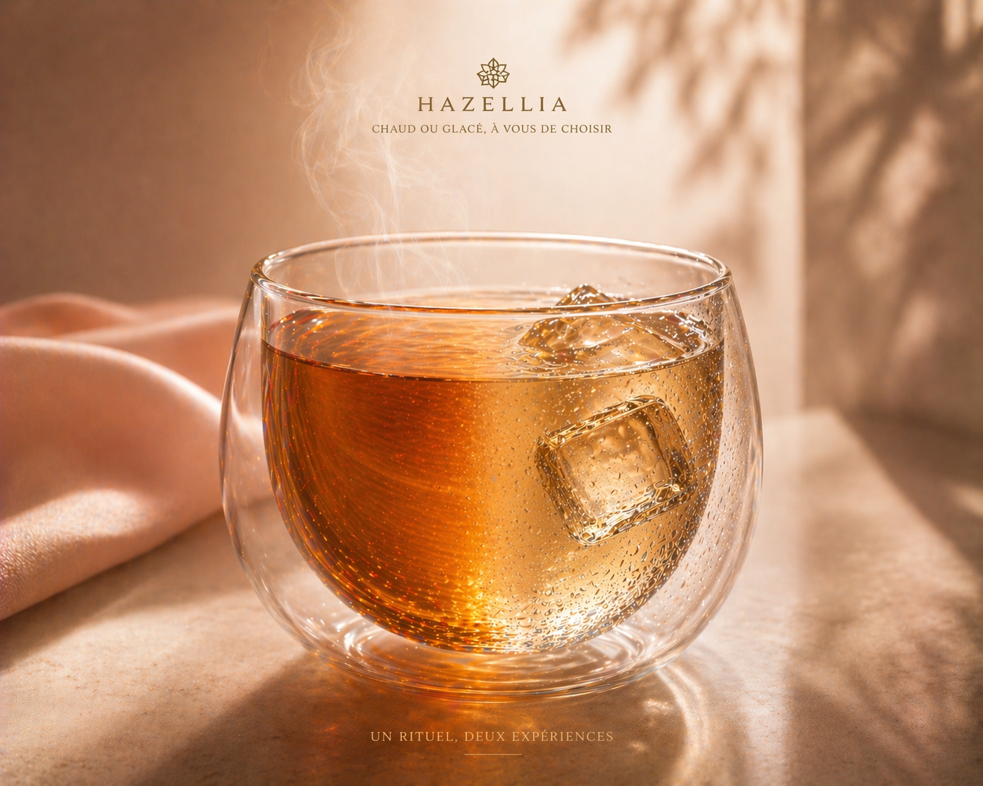Infusion Hazellia chaude et glacée dans une tasse en verre double paroi, boisson ambrée lumineuse sur fond satin beige rosé, moment bien-être