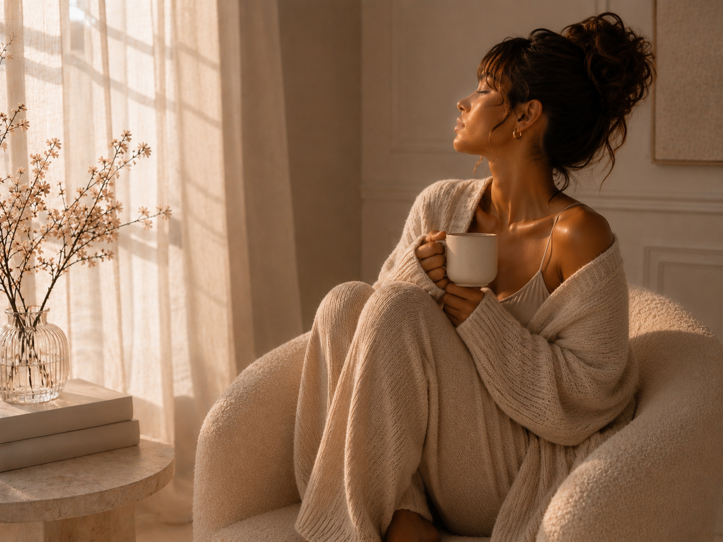 Cream knit lounge set woman sitting in a boucle armchair near soft voile curtains, holding a warm drink in a luminous slow luxury interior inspired by HazWear, feminine cocooning fashion and elegant homewear lifestyle.