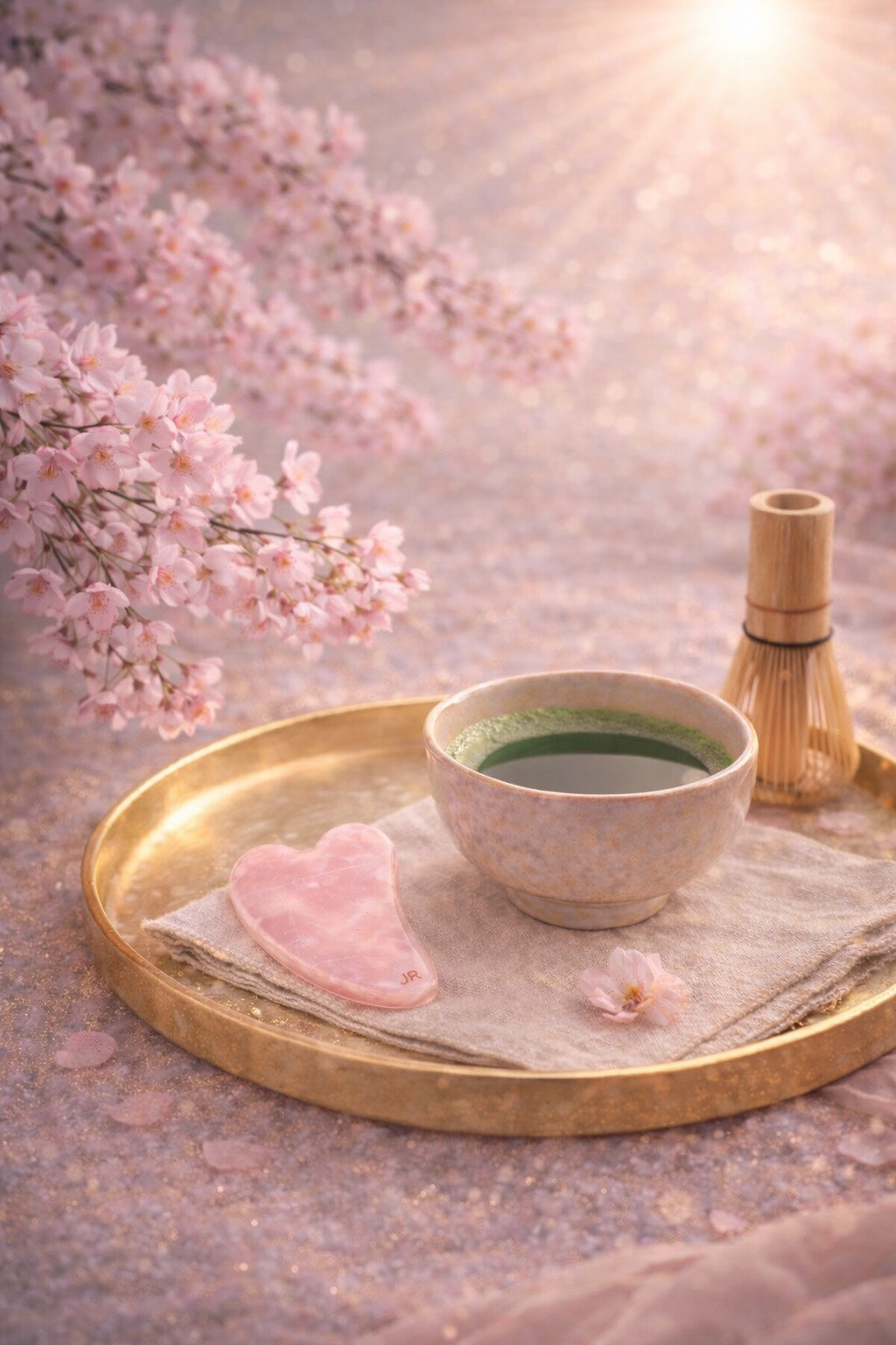 Japanese tea ritual with cherry blossoms and soft pink tones, calm and delicate atmosphere

