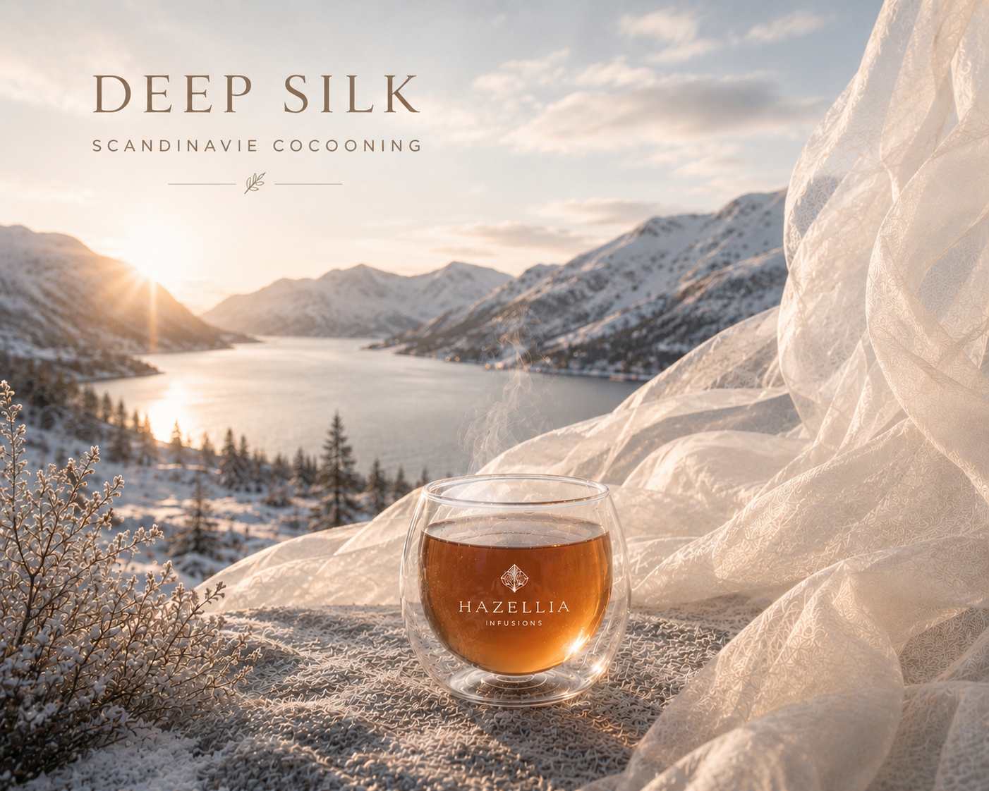 Deep Silk Hazellia – infusion chaude rosée dans un verre double paroi premium face à un paysage scandinave enneigé, avec voile ivoire aérien et lumière nordique apaisante.