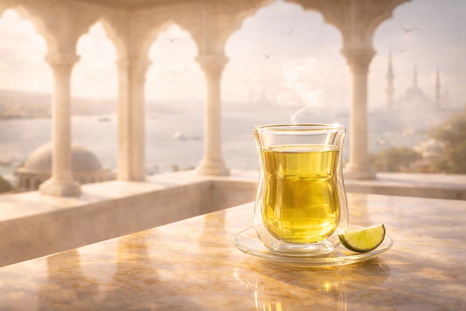 Infusion détox GlowTox dans un verre double paroi sur terrasse ottomane avec vue sur Istanbul, rituel beauté Hazellia.

