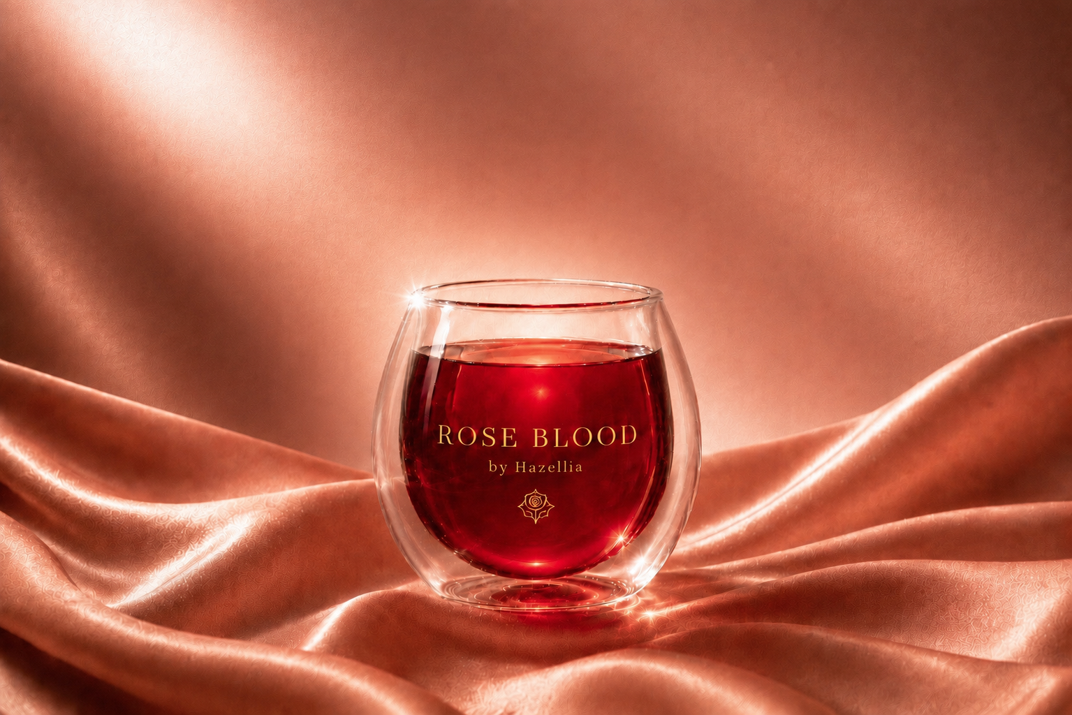 Infusion Rose Blood Hazellia dans un mug en verre double paroi, satin rose cuivré et infusion rubis profonde, univers puissance, caractère et féminité.

